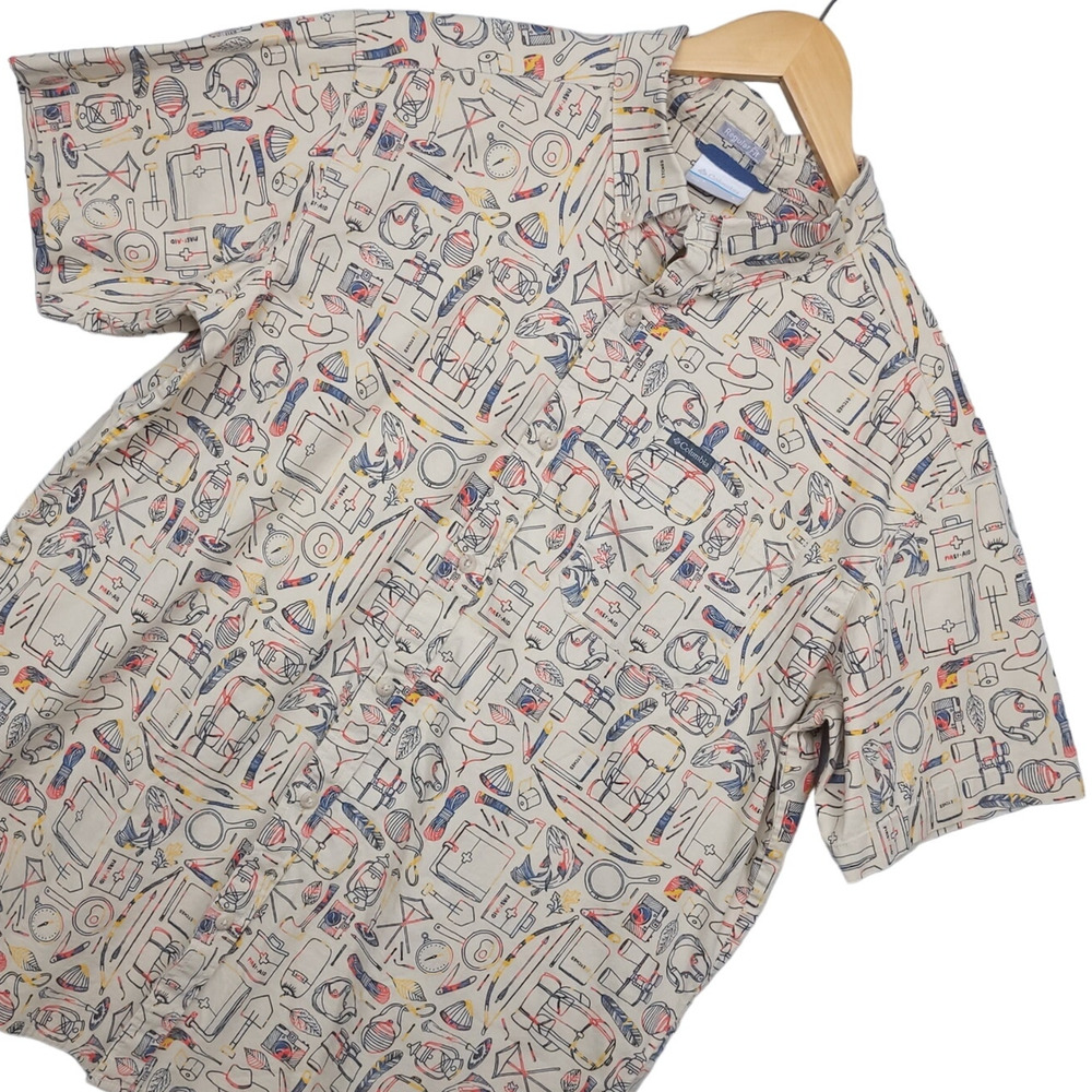 Columbia Men's Rapid Rivers Short Sleeve Button-Up Shirt Sz Large Beige AOP EUC